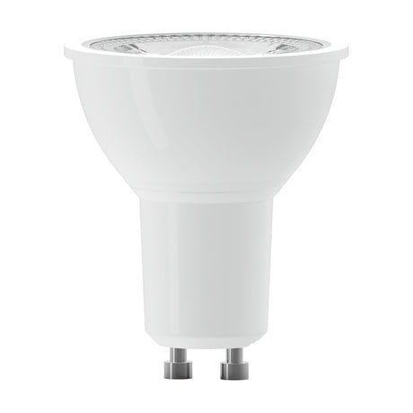 Focus GU10 5W LED bulb with white body and clear glass face, GU10 fitting with twist pins, shown on a plain white background.