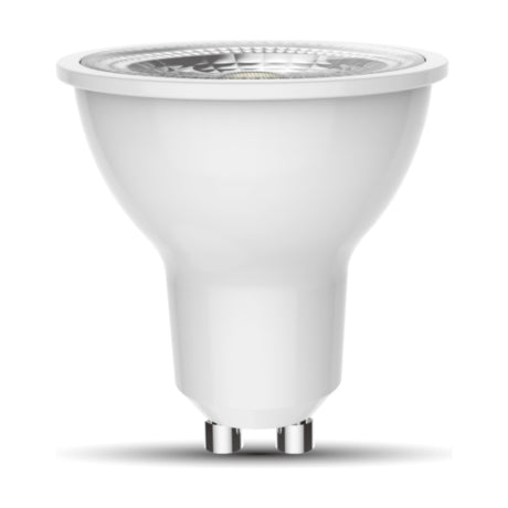 GU10 LED spotlight bulb with clear glass lens and white polycarbonate body, twist-and-lock metal base, 6W dimmable, 6400K daylight white, on plain white background.