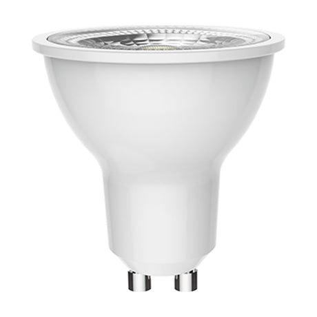 Focus GU10 LED spotlight bulb with clear face and white plastic body, twin-pin base, 5.5W dimmable, 4000K cool white, shown on a plain white background.