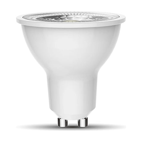 GU10 dimmable LED spotlight bulb with clear lens and white body, GU10 fitting, 5.5W, 3000K warm white, shown on a plain white background.