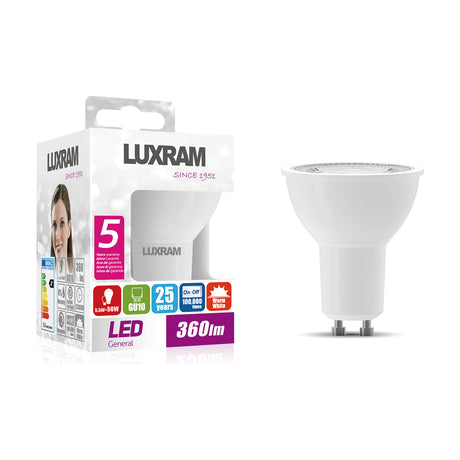 Focus GU10 5.5W Dimmable Bulb 3000K 360lm in clear, shown upright on a plain white background.
