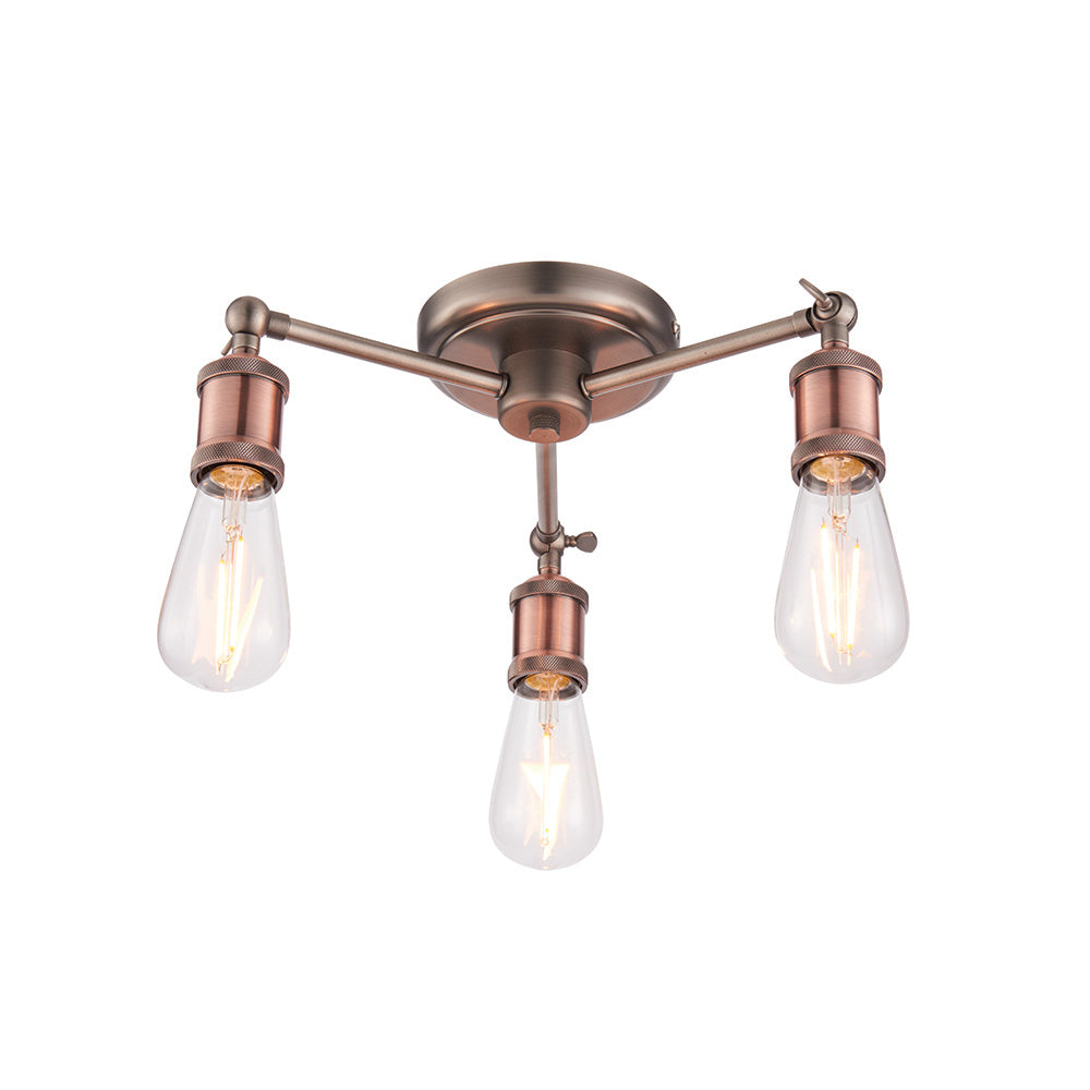 Brackley 3 Light Semi-Flush Ceiling Light in pewter and copper, three angled metal arms with exposed E27 bulbs, on a plain white background.