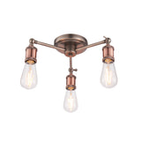 Brackley 3 Light Semi-Flush Ceiling Light in pewter and copper, three angled metal arms with exposed E27 bulbs, on a plain white background.