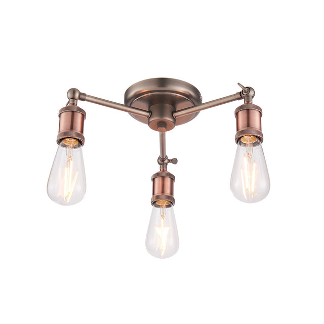 Brackley 3 Light Semi-Flush Ceiling Light in pewter and copper, three angled metal arms with exposed E27 bulbs, on a plain white background.