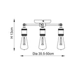 Line drawing of the Brackley 3 Light Semi-Flush Ceiling Light with three E27 bulb holders on outstretched arms, 13cm high, 35.5-50cm wide.
