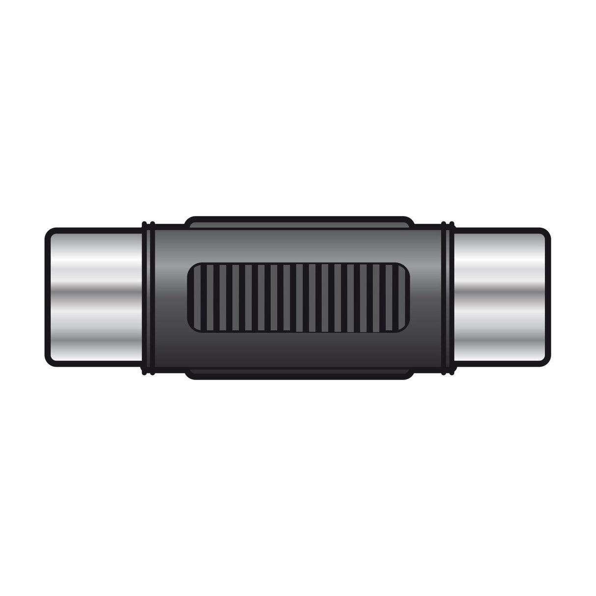 AV:Link RCA socket to RCA socket coupler adaptor with black barrel body and chrome female phono sockets at each end, on a white background.