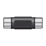 AV:Link RCA socket to RCA socket coupler adaptor with black barrel body and chrome female phono sockets at each end, on a white background.