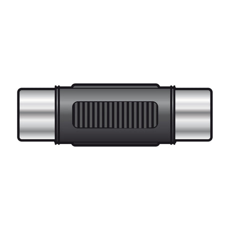AV:Link RCA socket to RCA socket coupler adaptor with black barrel body and chrome female phono sockets at each end, on a white background.
