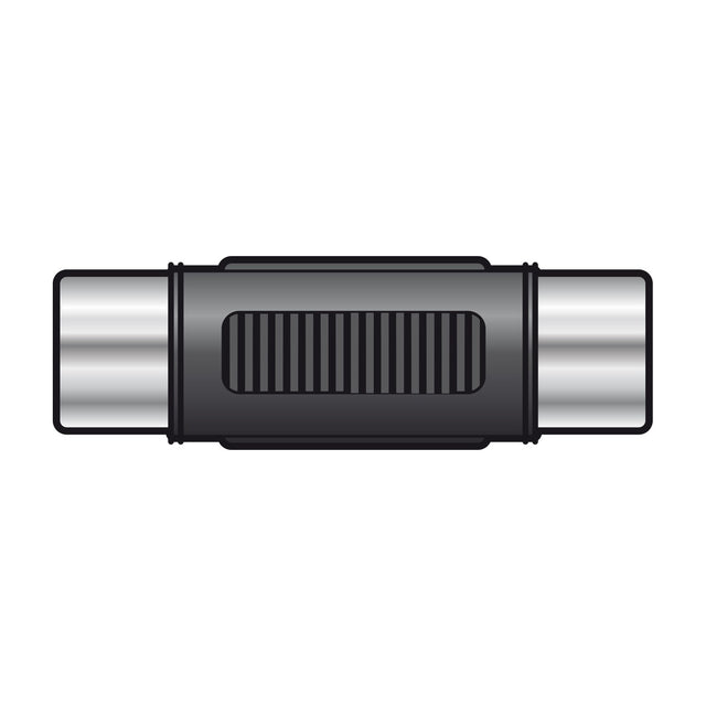 AV:Link RCA socket to RCA socket coupler adaptor with black barrel body and chrome female phono sockets at each end, on a white background.