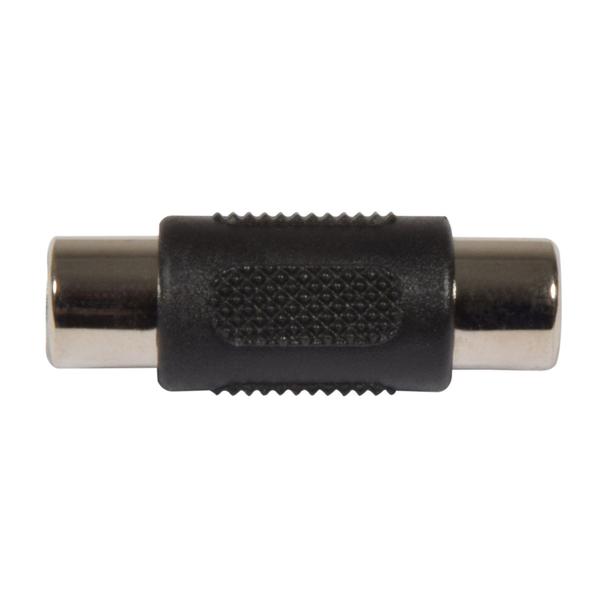AV:Link RCA socket to RCA socket coupler adaptor by AVSL, a black moulded barrel with polished metal female phono sockets at each end, on white.
