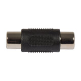 AV:Link RCA socket to RCA socket coupler adaptor by AVSL, a black moulded barrel with polished metal female phono sockets at each end, on white.