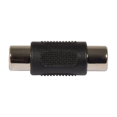 AV:Link RCA socket to RCA socket coupler adaptor by AVSL, a black moulded barrel with polished metal female phono sockets at each end, on white.