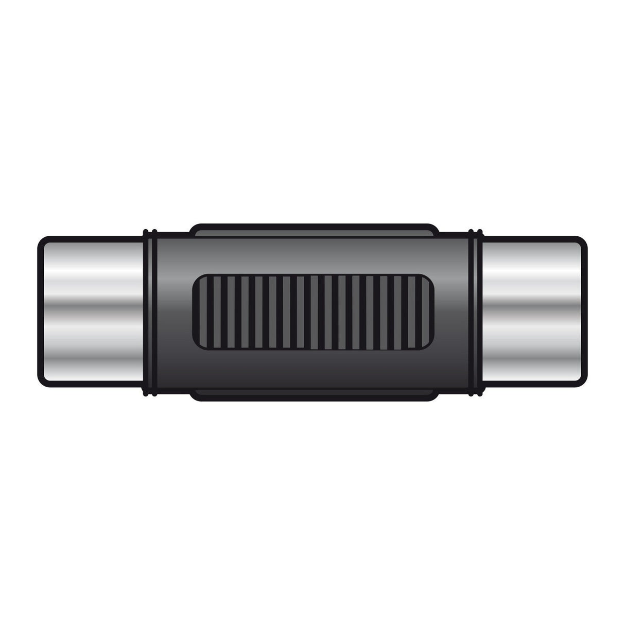 The image features the AV:Link Adaptor RCA Socket - RCA Socket, displaying its black cylindrical body with metallic ends, reminiscent of a coaxial cable connector, shown from a top view on a white background.