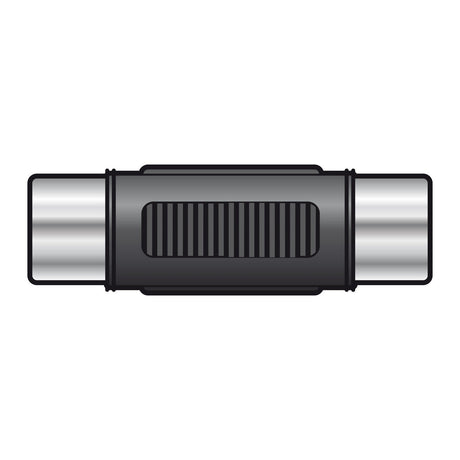 The image features the AV:Link Adaptor RCA Socket - RCA Socket, displaying its black cylindrical body with metallic ends, reminiscent of a coaxial cable connector, shown from a top view on a white background.