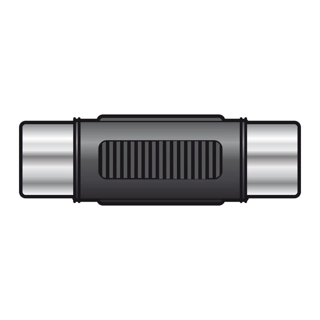 The image features the AV:Link Adaptor RCA Socket - RCA Socket, displaying its black cylindrical body with metallic ends, reminiscent of a coaxial cable connector, shown from a top view on a white background.