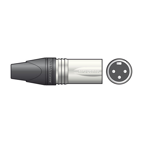 Neutrik NC3MXX 3-pole XLR male line plug with nickel-plated shell, black boot and pin-end view on a plain white background.