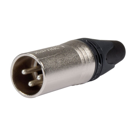 Neutrik NC3MXX 3-pole XLR male line plug with nickel-plated metal shell, three visible pins and black rubber strain-relief boot on a white background.