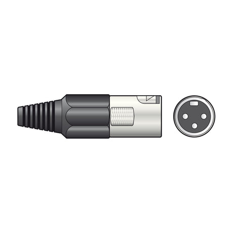 QTX 3 pin XLR cable-mount plug with short black body, silver metal housing, ribbed strain relief sleeve, and end view showing three-pin socket layout.