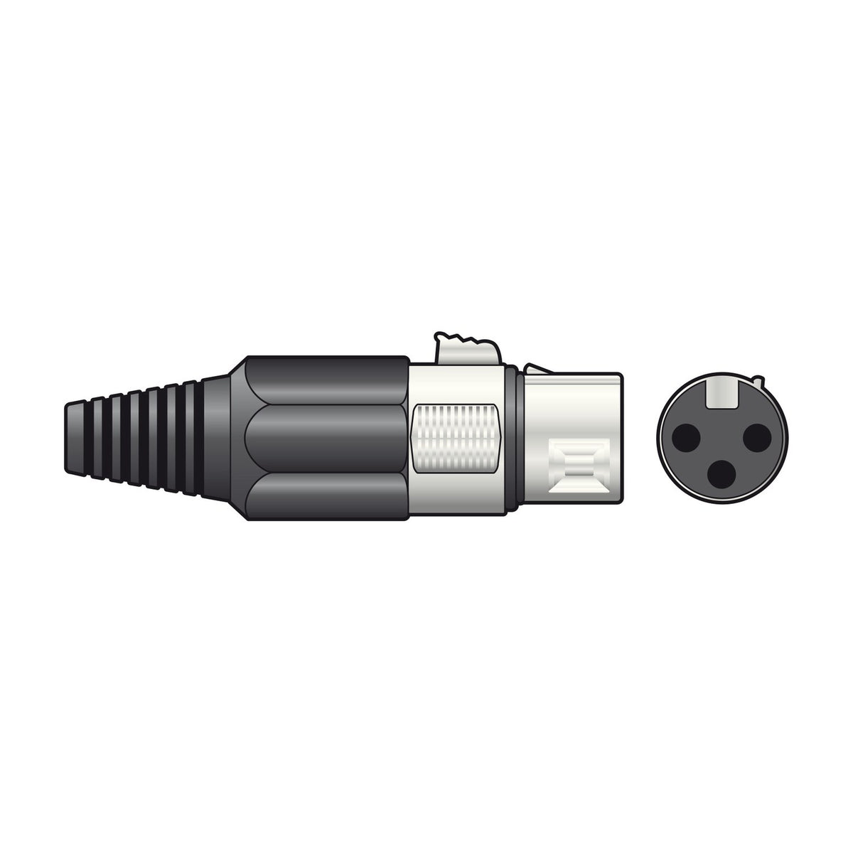 QTX 3-pin XLR socket with short black body, silver metal shell, ribbed cable strain relief boot, shown alongside 3-pin end view on a white background.