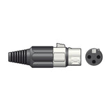 QTX 3-pin XLR socket with short black body, silver metal shell, ribbed cable strain relief boot, shown alongside 3-pin end view on a white background.