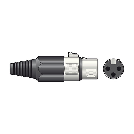 QTX 3-pin XLR socket with short black body, silver metal shell, ribbed cable strain relief boot, shown alongside 3-pin end view on a white background.