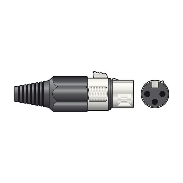 QTX 3-pin XLR socket with short black body, silver metal shell, ribbed cable strain relief boot, shown alongside 3-pin end view on a white background.