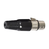 QTX 3-pin XLR socket by AVSL with short metal body, ribbed black plastic strain relief boot and cable protector, shown on a plain white background.