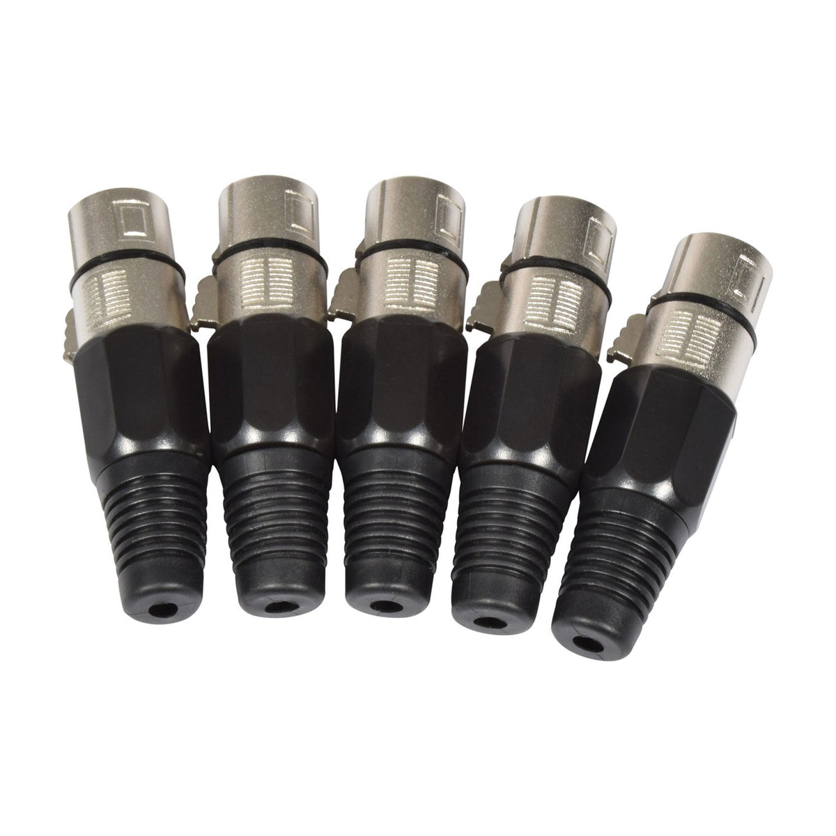 Five QTX 3-pin XLR short body sockets by AVSL with nickel metal shells and ribbed black plastic strain relief boots, arranged upright on a white background.