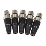 Five QTX 3-pin XLR short body sockets by AVSL with nickel metal shells and ribbed black plastic strain relief boots, arranged upright on a white background.