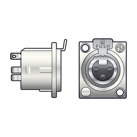 Neutrik NC3FD-LX 3-pin XLR chassis female socket shown in side and front views with solder terminals and 2-screw panel mount on a white background.