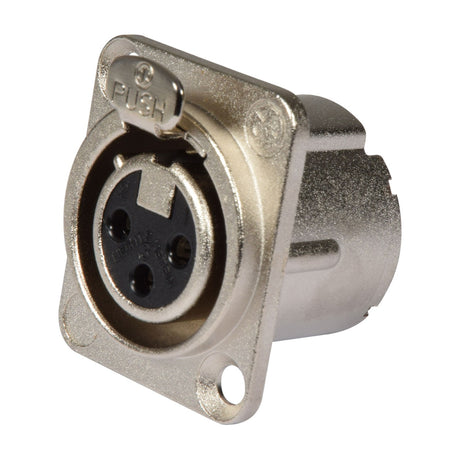 Neutrik NC3FD-LX 3-pin XLR chassis female socket by AVSL, nickel-plated zinc die-cast body with PUSH latch release and solder terminals, on white background.