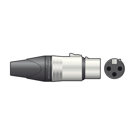 Neutrik NC3FXX 3-pole female XLR line socket with metal housing and black rubber boot, shown alongside a rear view of the 3-pin socket.
