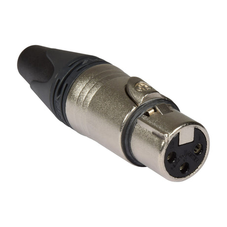 Neutrik NC3FXX 3-pole female XLR line socket with metal housing and black rubber cable boot, shown end-on against a white background.
