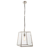 Brenton Lantern Pendant in nickel with a tapered glass box frame and long chain suspension, shown with a single visible filament bulb on a white background.