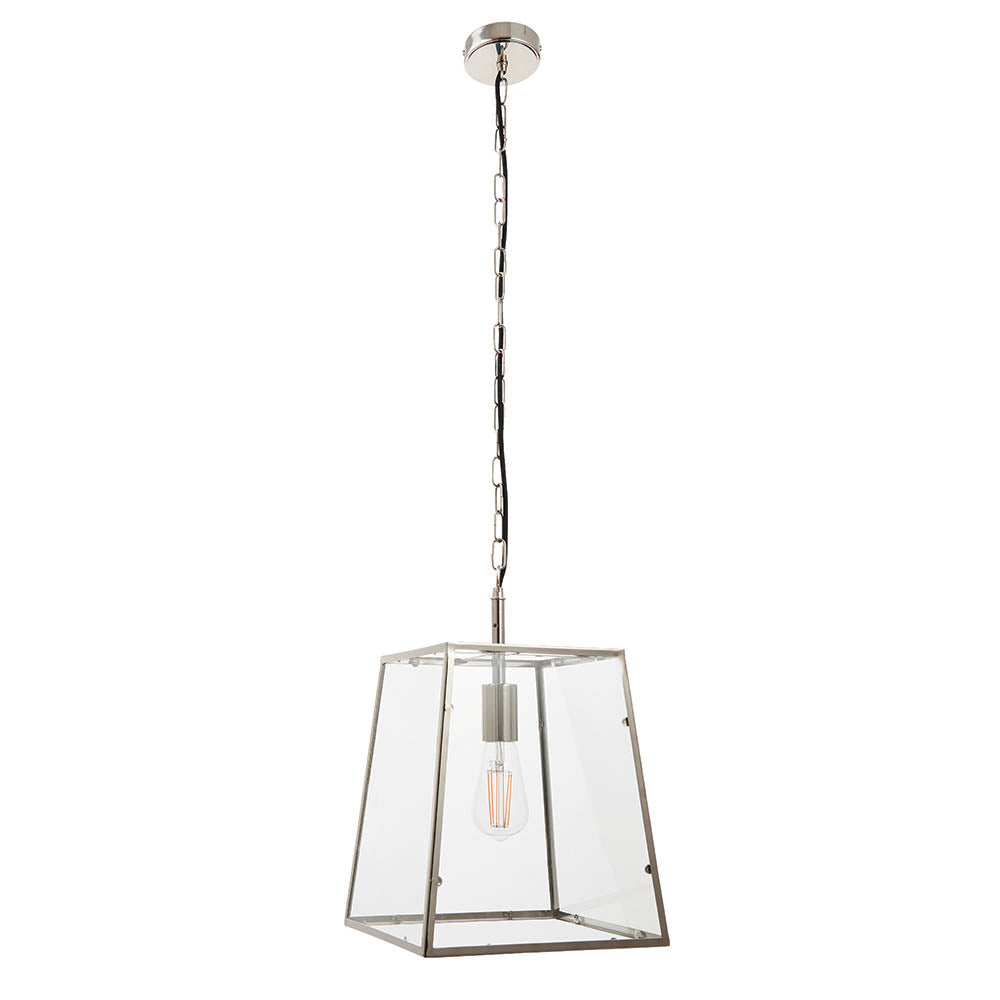 Brenton Lantern Pendant in nickel, a tapered box-frame ceiling light with clear glass panels and exposed filament bulb, hung on a chain.