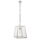 Brenton Lantern Pendant in nickel, a tapered box-frame ceiling light with clear glass panels and exposed filament bulb, hung on a chain.