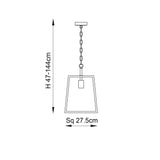 Line drawing of the Brenton Lantern Pendant in nickel with a tapered square shade, chain suspension, and ceiling plate, H 47-144cm, Sq 27.5cm.