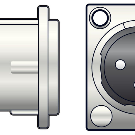 Neutrik 3-pin XLR male chassis plug from AVSL, shown in side and front views with metal shell, solder terminals, and 2-screw D-size panel mount.