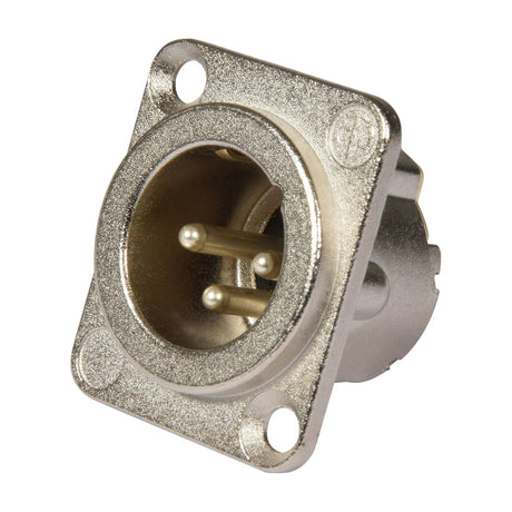 Neutrik 3-pin XLR male chassis plug with solder terminals, silver metal D-shape housing and 2-screw fixing flange, shown on a white background.