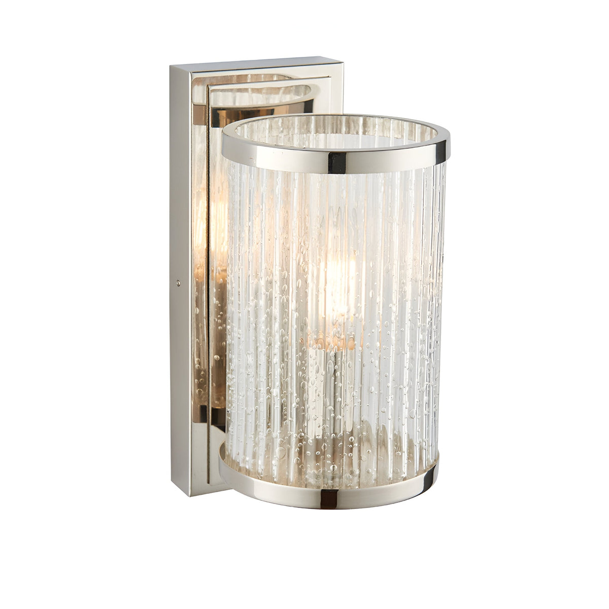 Endon Winslow wall light with a ribbed clear glass shade featuring bubble details and nickel edging on a square arm and rectangular backplate.