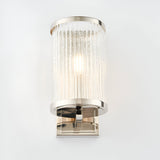 Endon Winslow wall light with clear ribbed bubbled glass shade and nickel-plated square arm and rectangular backplate, on a plain background.