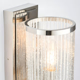 Close-up of Endon Winslow wall light showing the ribbed clear glass shade with bubble detailing, metal edging and bright nickel arm.