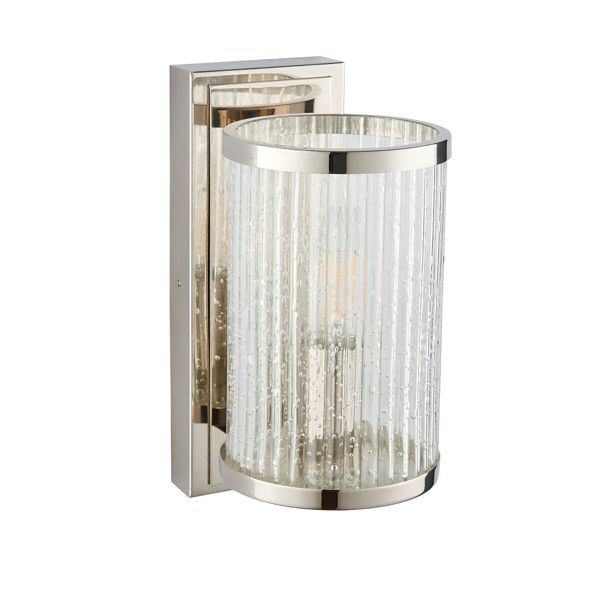 Endon Winslow wall light with nickel-plated bracket and clear ribbed hurricane-style glass shade with bubble details, on a plain white background.