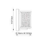 Dimensioned line drawing of the Endon Winslow wall light showing 21.5cm height, 15cm depth and 10.5cm width with ribbed bubbled glass shade.