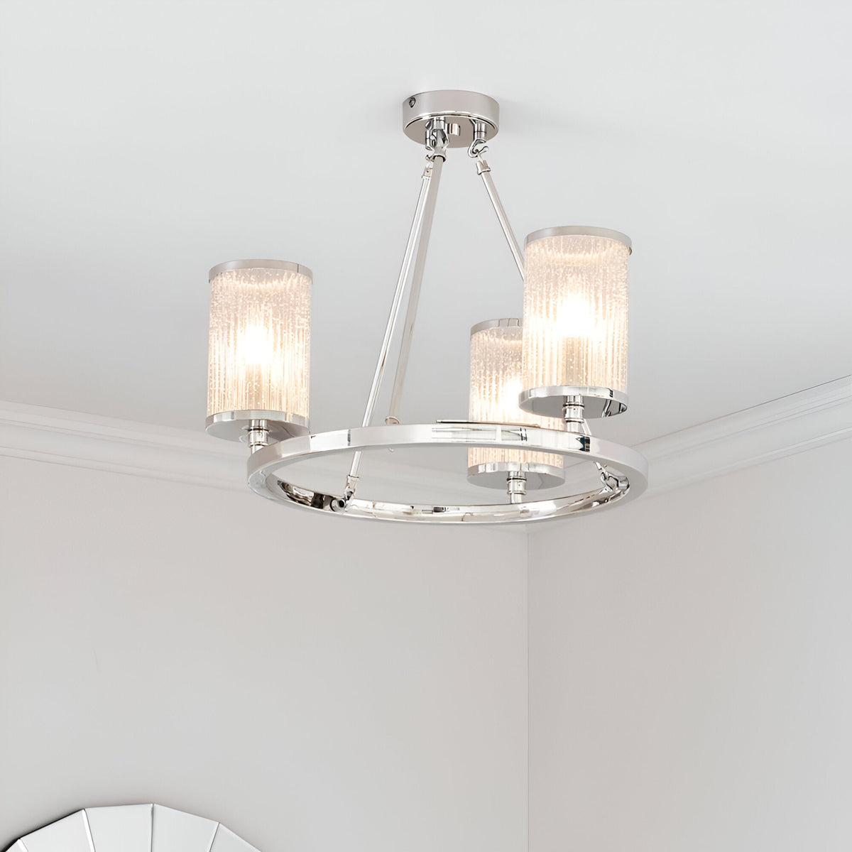 Endon Winslow 3 light semi-flush ceiling light in nickel with textured glass cylinder shades on a circular ring frame, mounted to a white ceiling.
