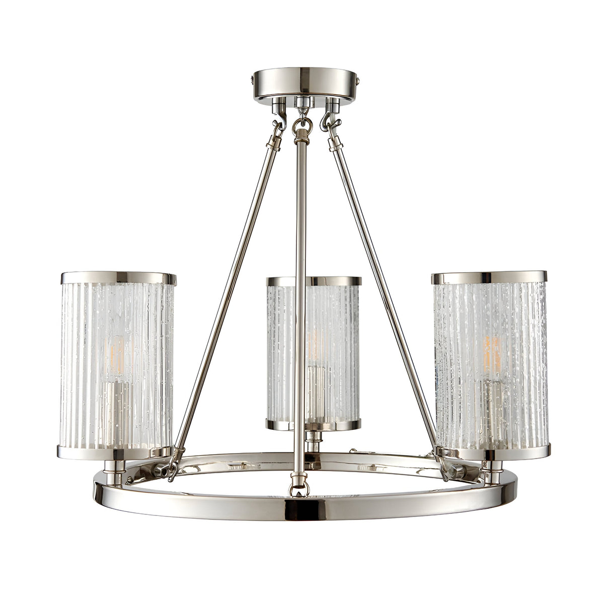 Endon Winslow 3 light semi-flush ceiling light in nickel with three ribbed glass cylinder shades on a circular ring frame, shown on a white background.