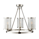 Endon Winslow 3 light semi-flush ceiling light in nickel with three ribbed glass cylinder shades on a circular ring frame, shown on a white background.