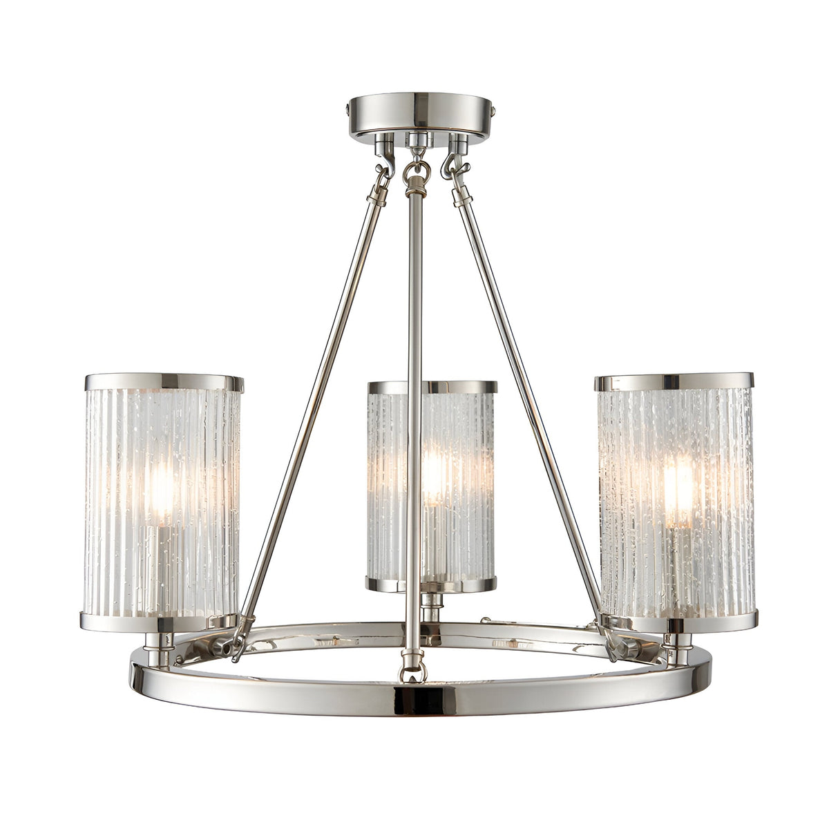 Endon Winslow 3 light semi-flush ceiling light in nickel with three ribbed glass cylinder shades on a circular ring frame, shown on a white background.