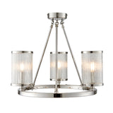 Endon Winslow 3 light semi-flush ceiling light in nickel with three ribbed glass cylinder shades on a circular ring frame, shown on a white background.