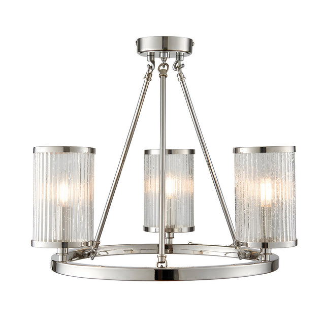 Endon Winslow 3 light semi-flush ceiling light in nickel with three ribbed glass cylinder shades on a circular ring frame, shown on a white background.